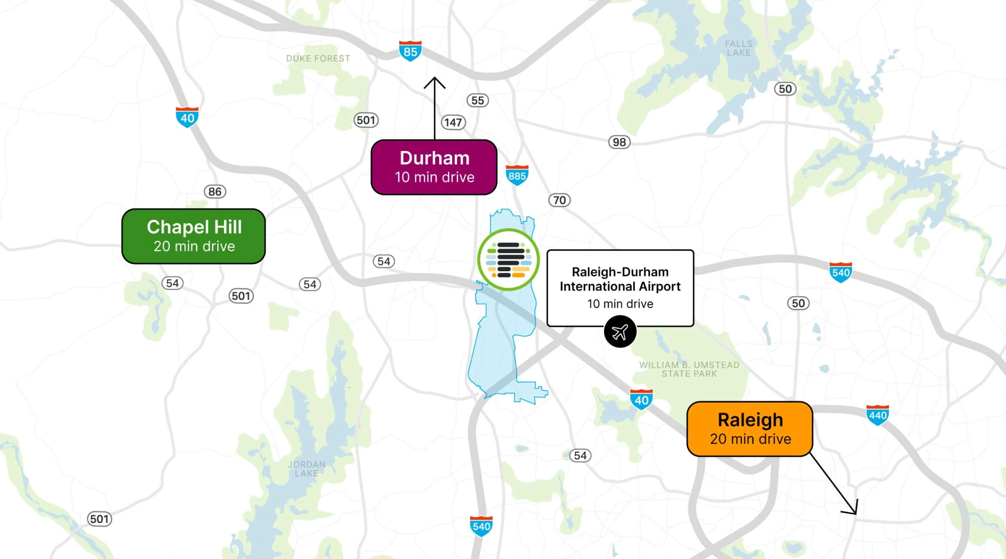 Map of Pathway RTP showing distance to nearby cities
